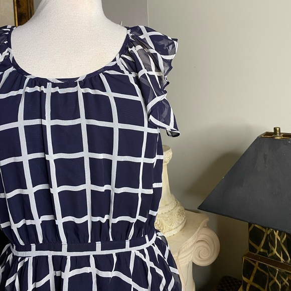 Esley navy blue,white DRESS M pane ruffle sleeveless, gathered waist, side zip - Picture 3 of 8
